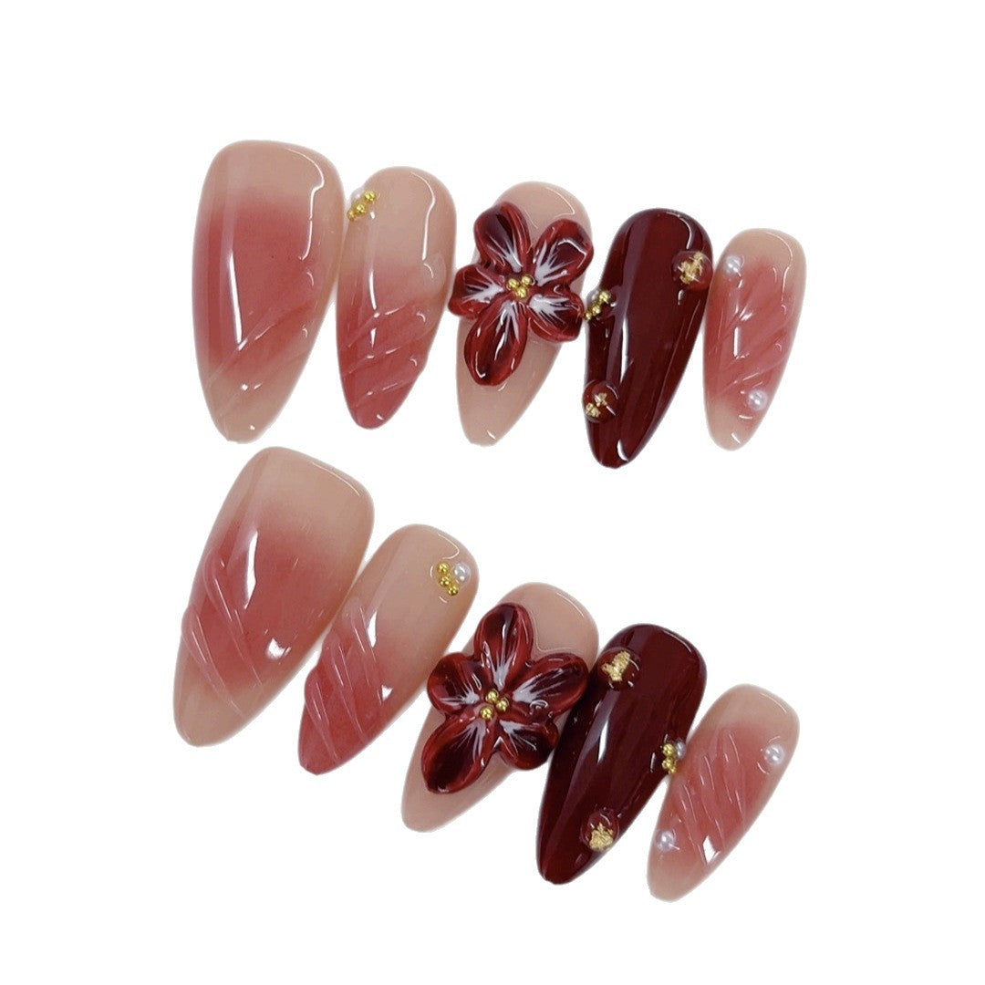 Crimson Bloom: "Scarlet Lily Grace" – Almond Press-On Nails