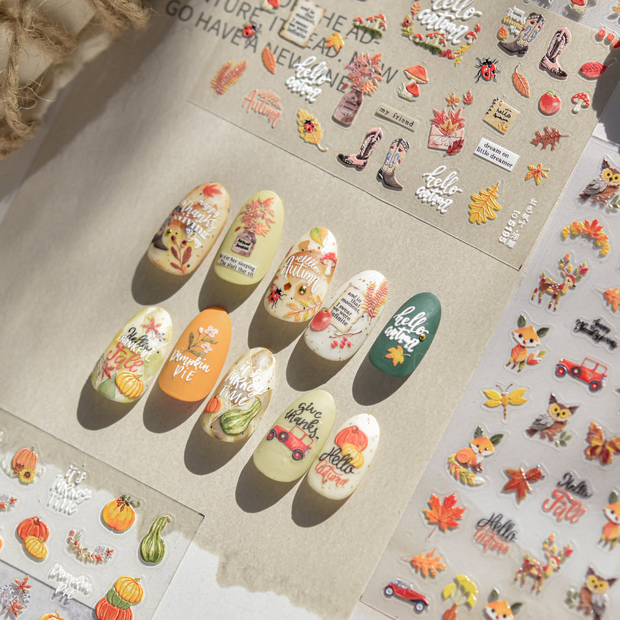 Autumn Harvest: "Hello Autumn" – 3D Embossed Nail Sticker