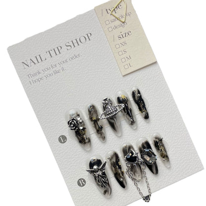 handmade press on nails Dark Sweet Cool Heavy Metal Feeling  Spice Girls Black Retro Rose Removable Nail Art | 365nails