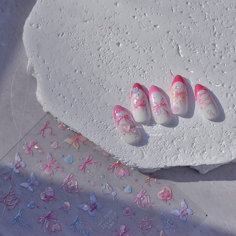 Iridescent Butterfly Bow Collection: "Pastel Dream" – 3D Holographic Nail Sticker