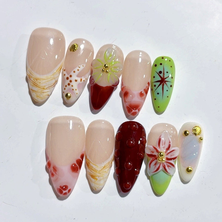 365nails: "Beach Star & Floral" – Medium Almond Marine Floral Handmade Press-On Nails