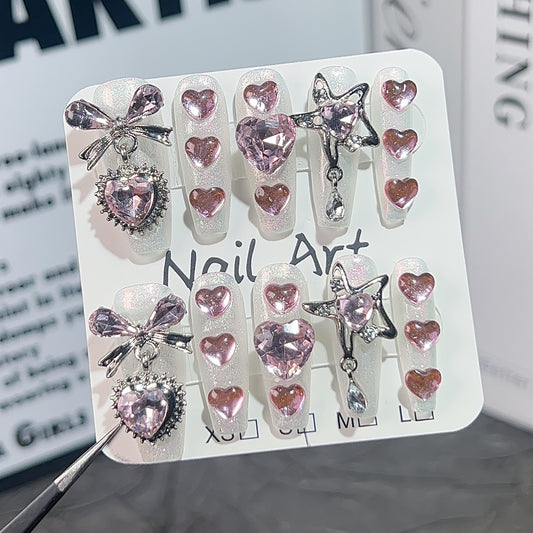 Unhas postiças longas com remendo de coração em forma de coração, fofas e doces para meninas, feitas à mão｜365nails