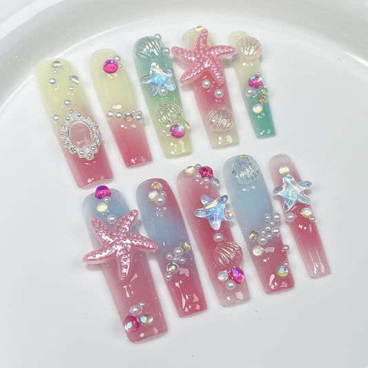 Long water pipe manicure multi-color irregular gradual change aquarium Handmade press on nails wearable fake nail｜365nails