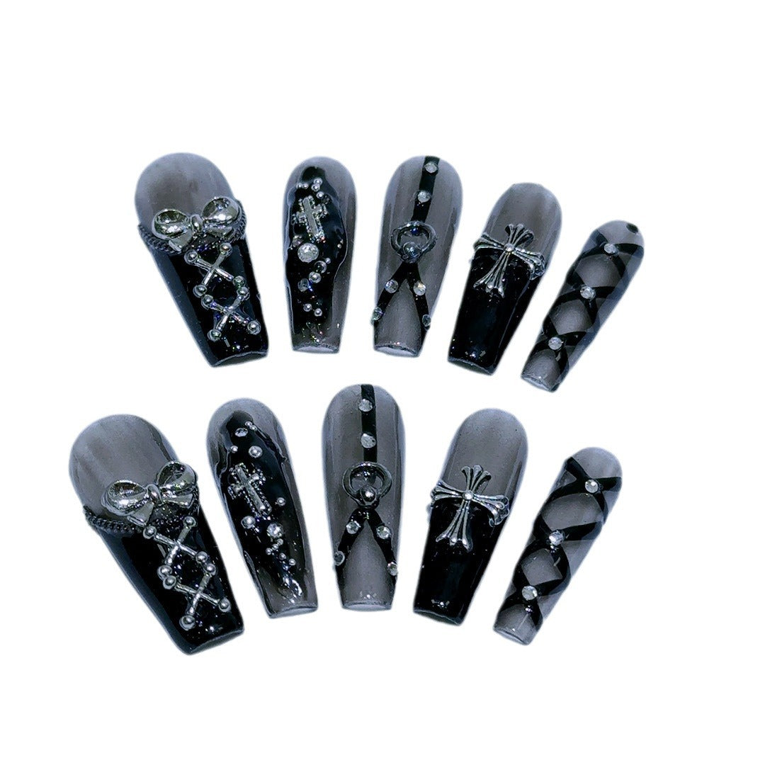 Gothic Press-On Nails with Silver Bows, Chains and Crystal Crosses