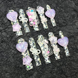 Uñas postizas de gel con corte a través de Ic, hechas a mano, súper largas, con diseño de agua, estilo caramelo, 365nails