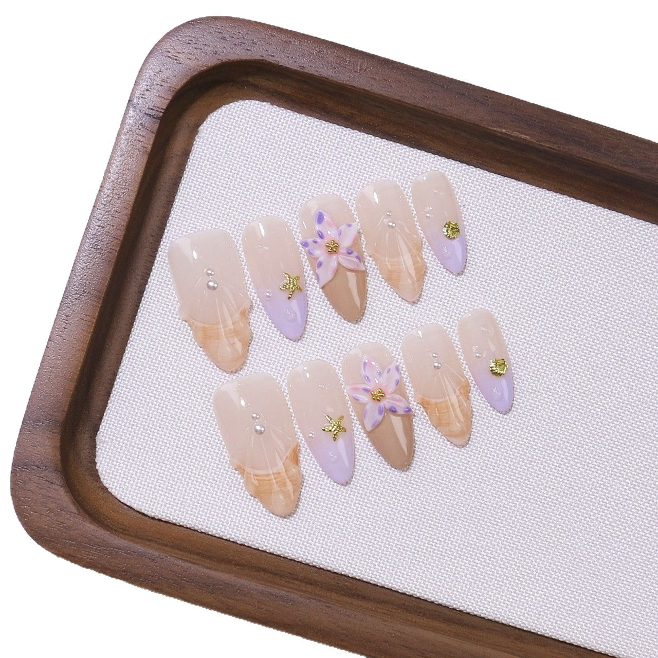 365nails: "Lavender Lily Grace" – Medium Almond Nude-Purple Floral Handmade Press-On Nails