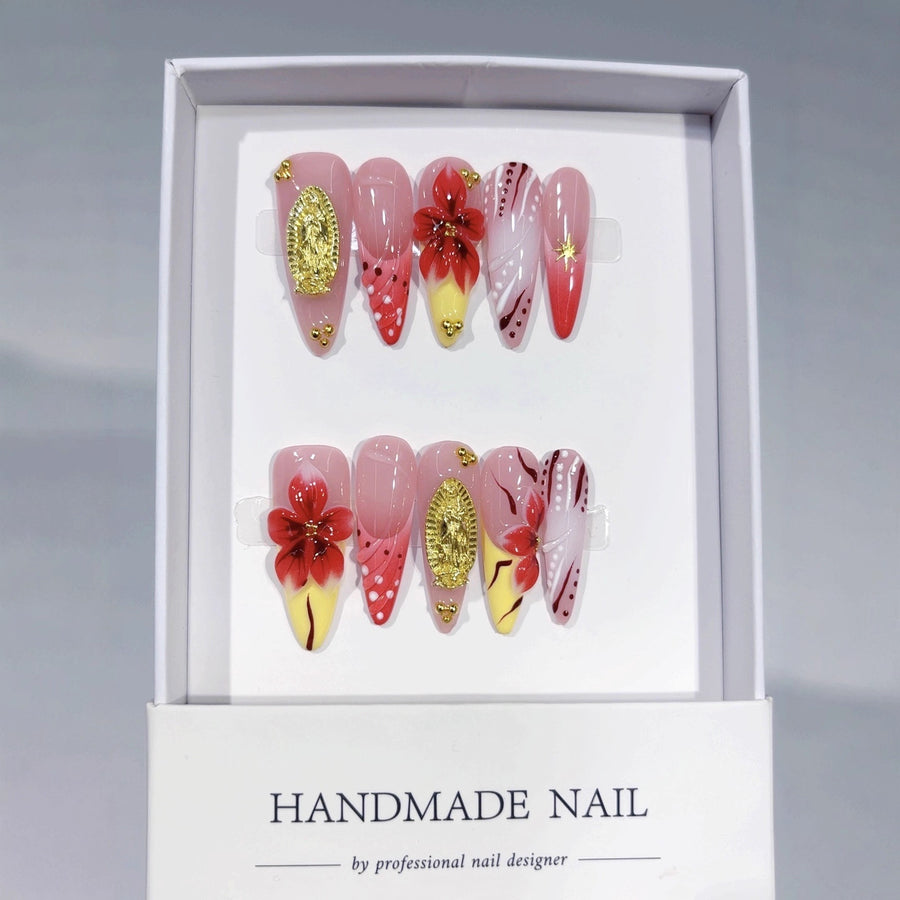 Crimson Gold: "Scarlet Bloom Opulence" – Almond Shape Handmade Press-Ons