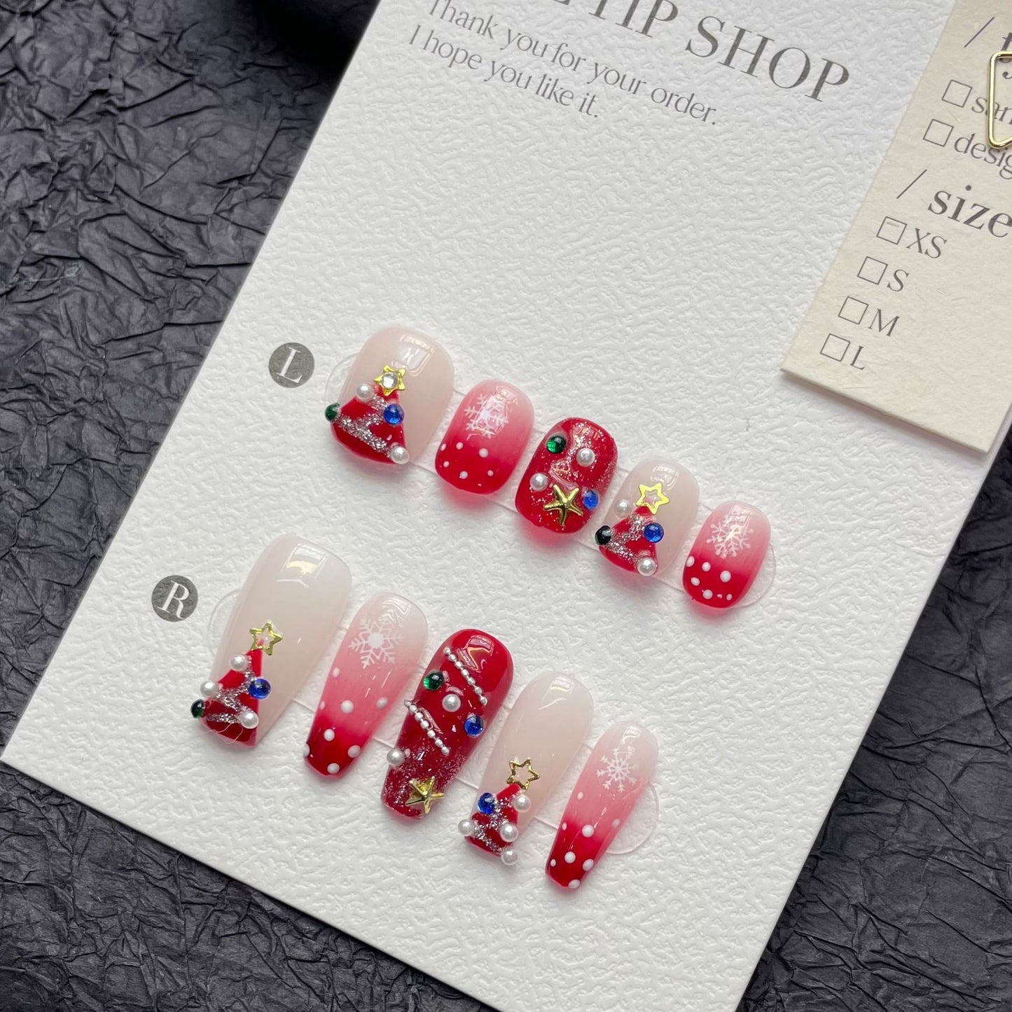 Christmas Gradient Press‑On Nails – Red Snowflake & Tree Design