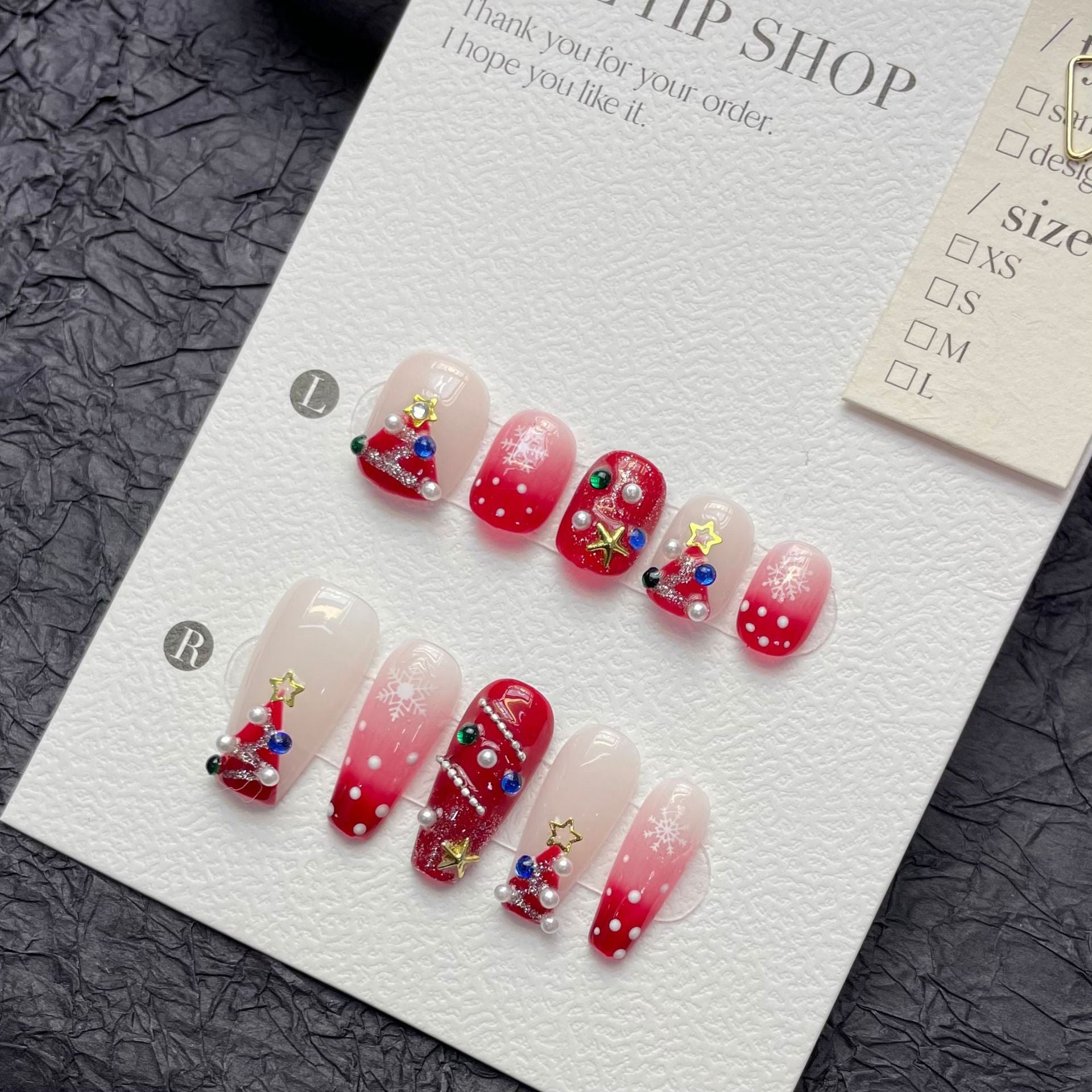 Christmas Gradient Press‑On Nails – Red Snowflake & Tree Design