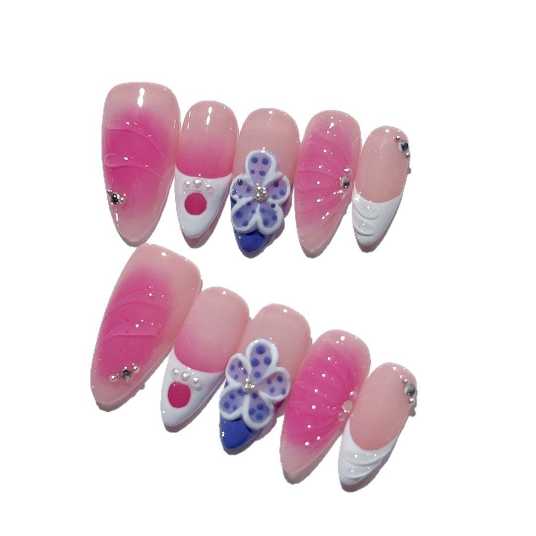 365nails: "Laço Floral Corado" – Unhas Postiças Artesanais Rosas-Arroxeada Românticas Médias Amendoadas
