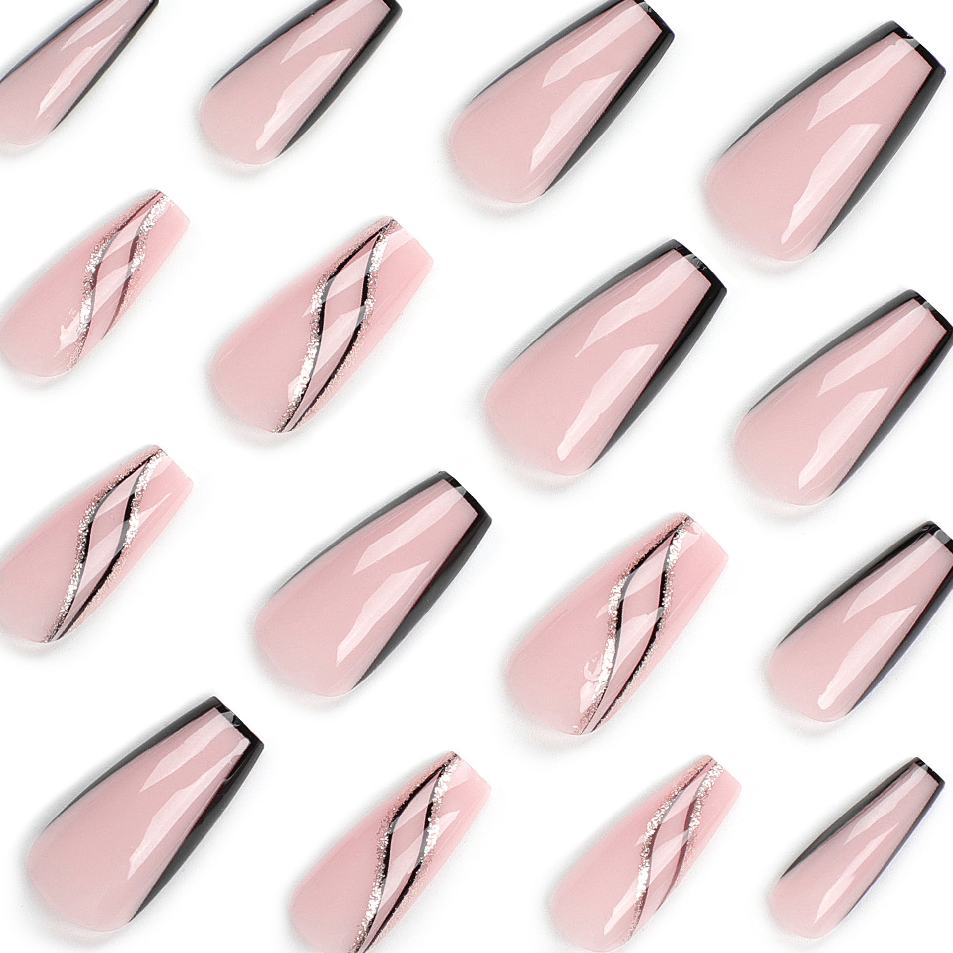 Venta caliente de fábrica, uñas postizas francesas simples con borde negro, uñas postizas con purpurina dorada, manicura corta en forma de T | 365nails