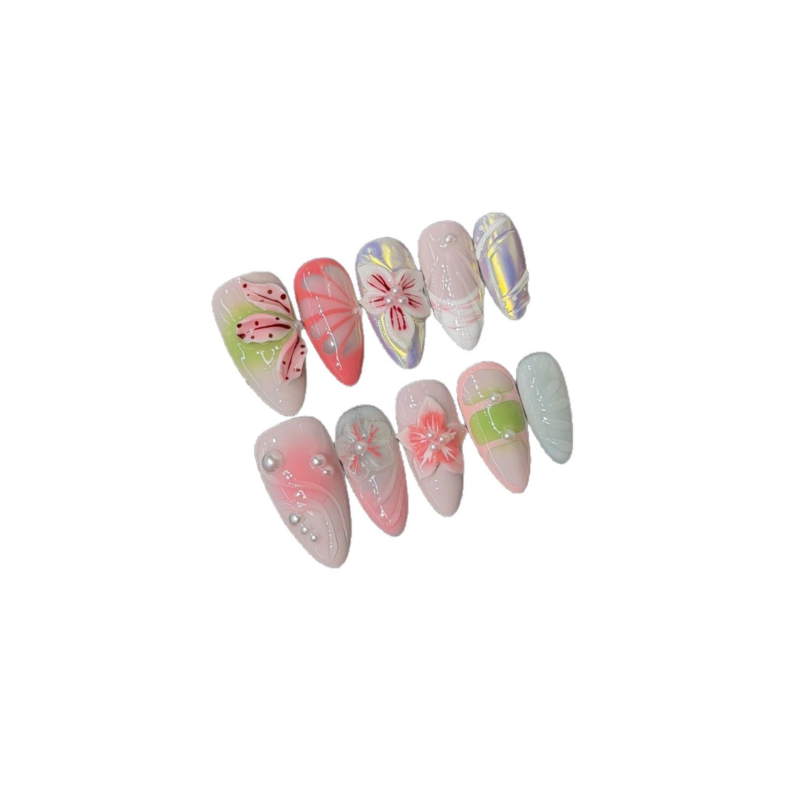 365nails: "Spring Whisper" – 3D 플로럴 & 마블 수제 아몬드형 네일