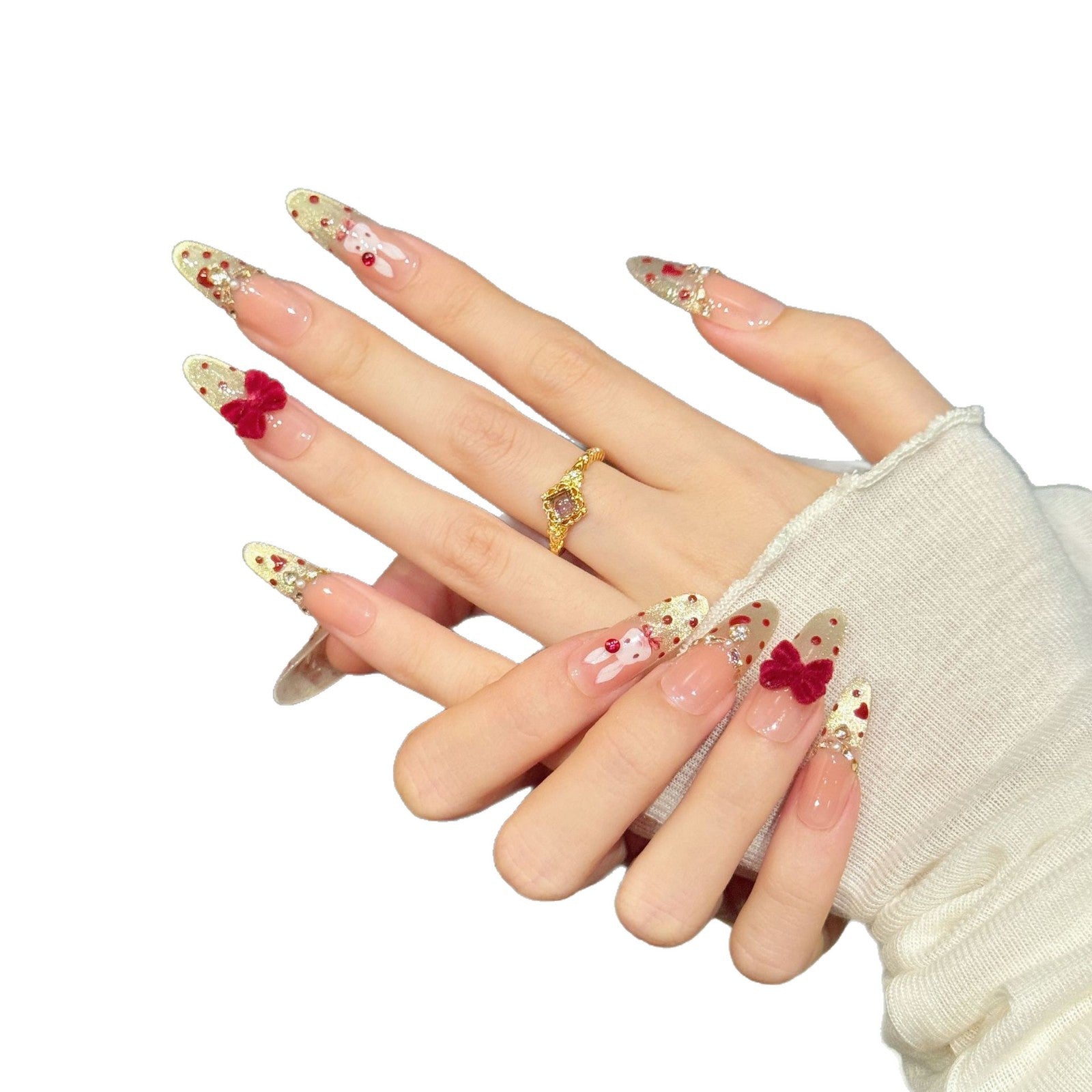 Gold Red Bow Holiday Press On Nails Set