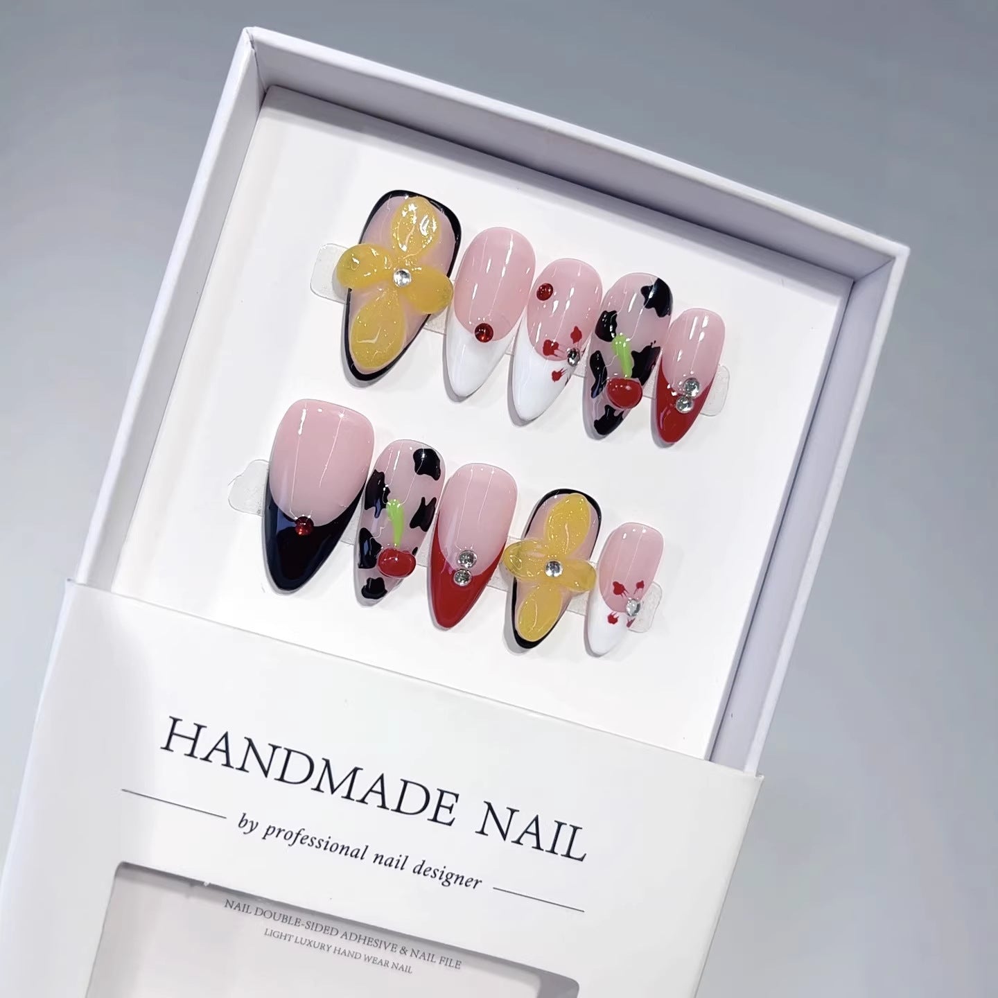 Fruit Cocktail: "Cherry Cow Flower" – Almond Shape Handmade Press-On Nails