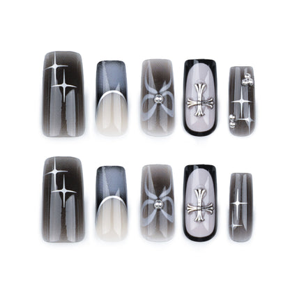 hot-selling square press-on nails French black smudge nail cross nail piece star bow fake nail｜365nails