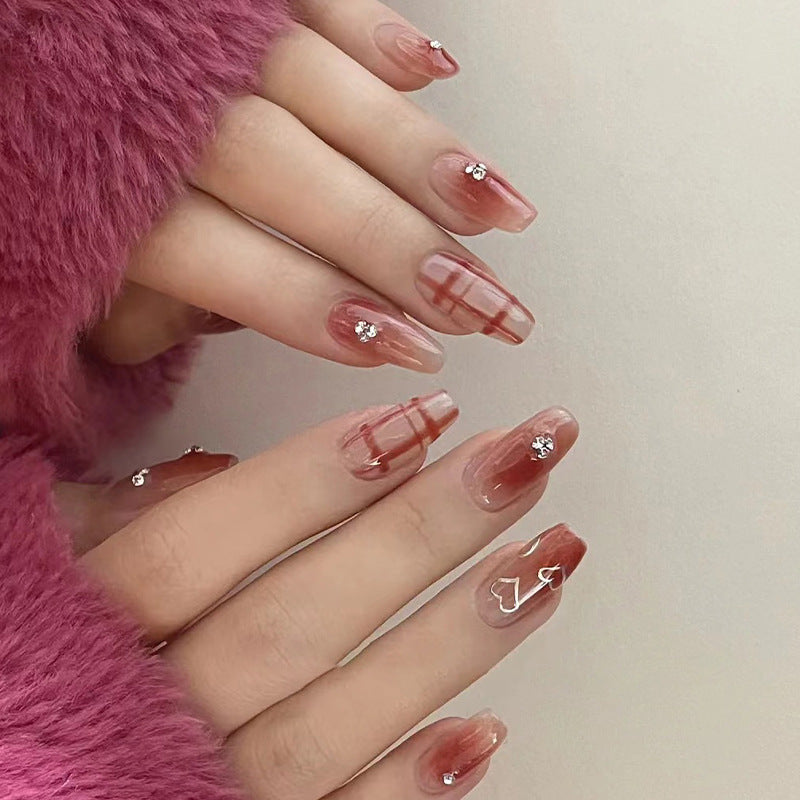 漸變紅色／腮紅色甲片 — 鏤空愛心水鑽格紋美甲甲片 批發｜365nails