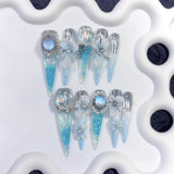 Icy Blue Sculpted Floral Crystal Fantasy Press On Nails
