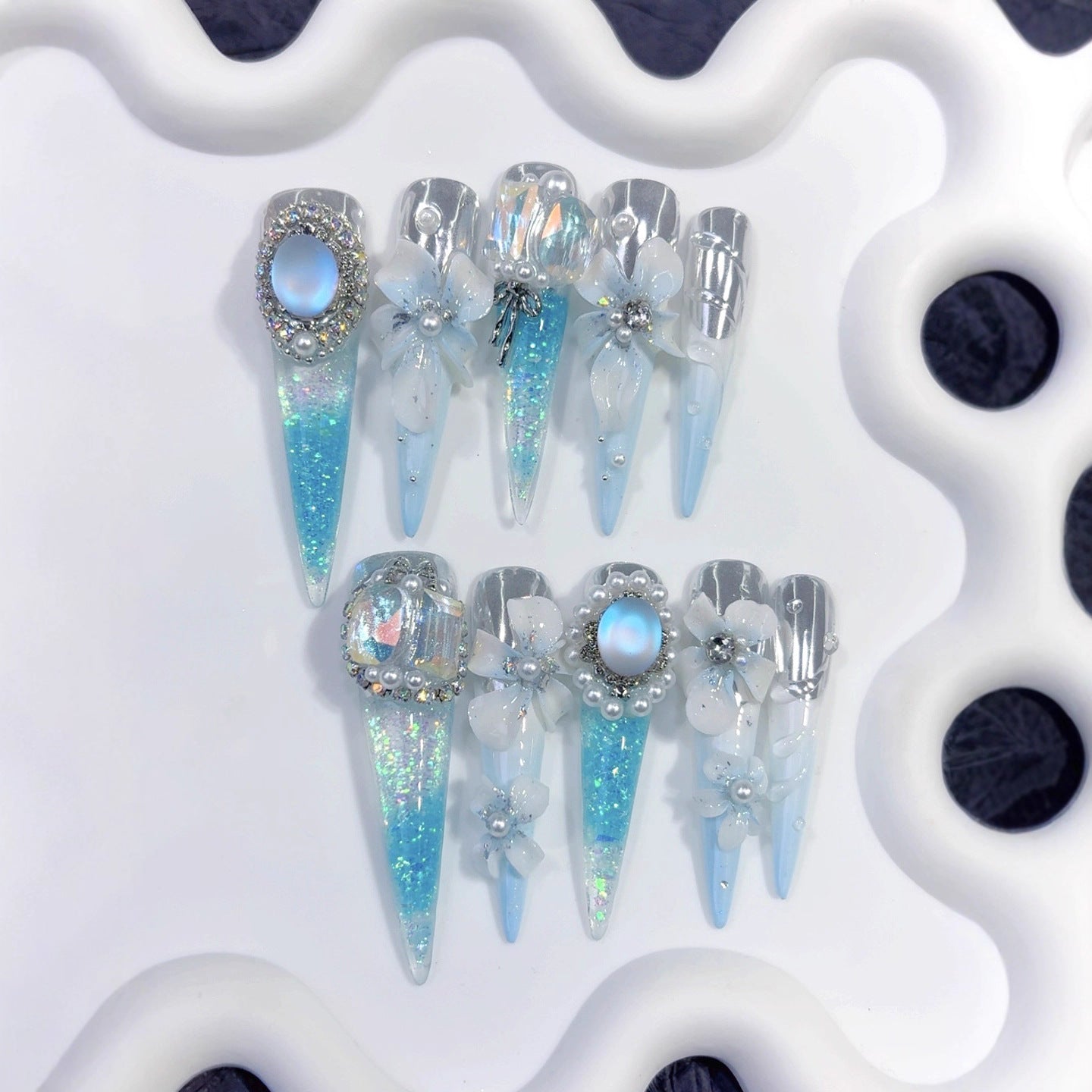 Icy Blue Sculpted Floral Crystal Fantasy Press On Nails