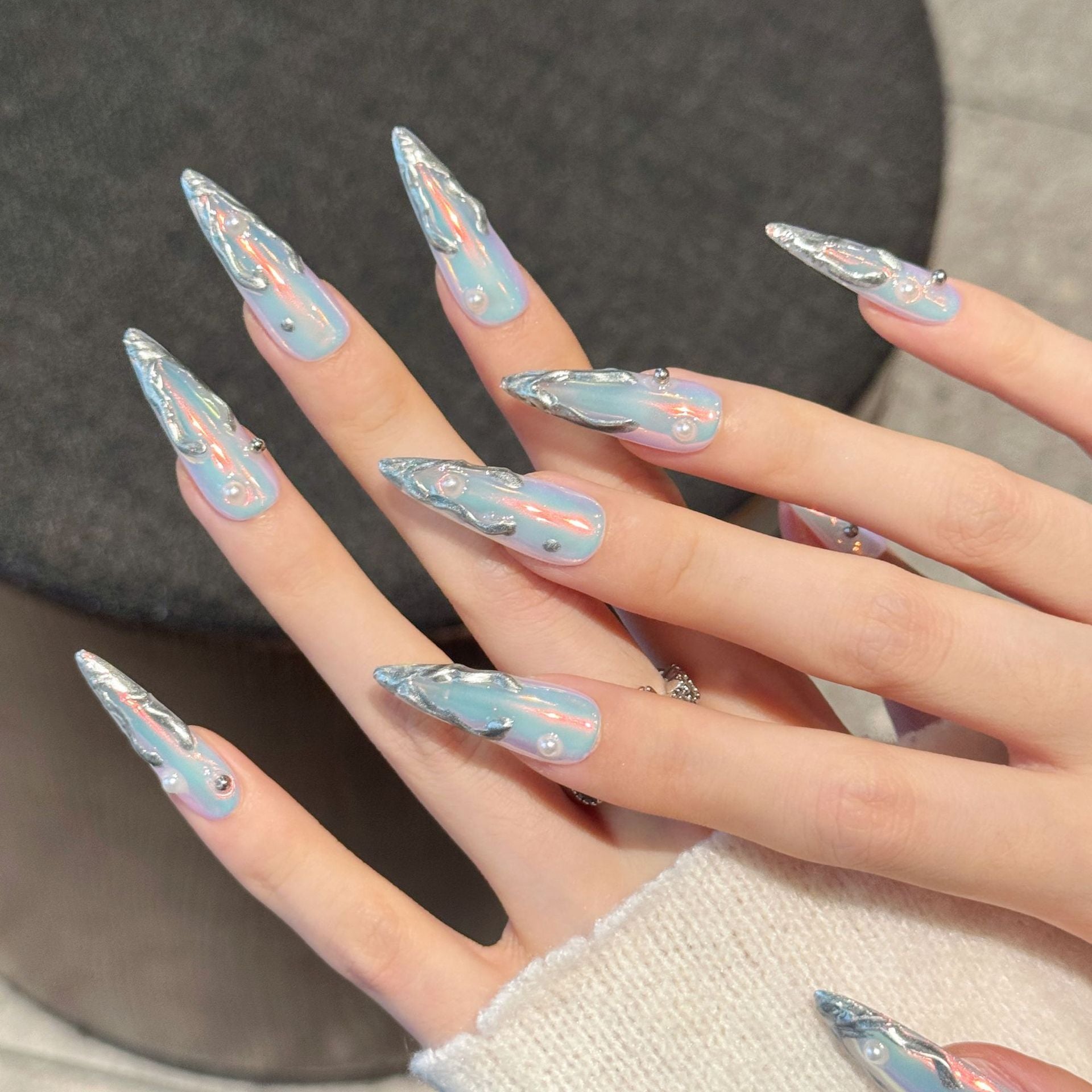 Iridescent Ice Blue Silver Long Press On Nails