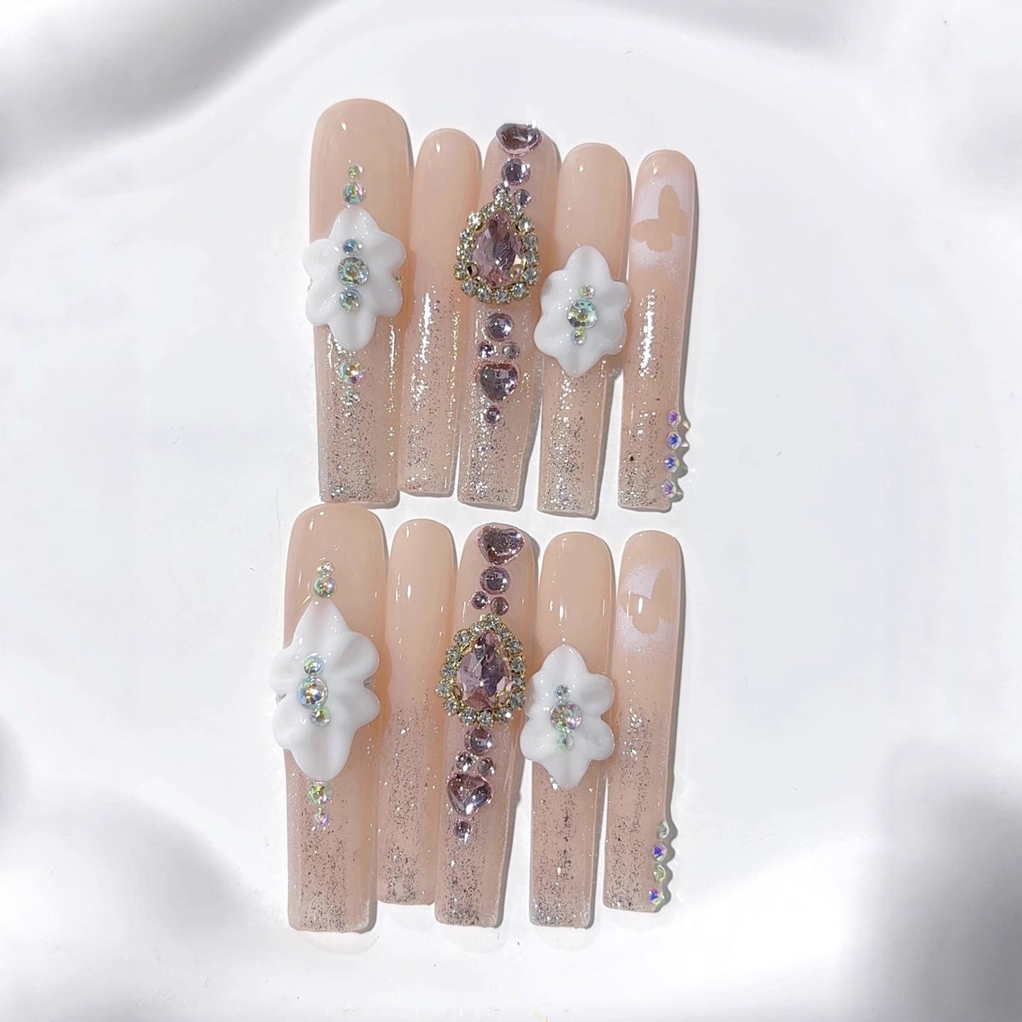 Nude Crystal Floral Elegant Luxury Press On Nails