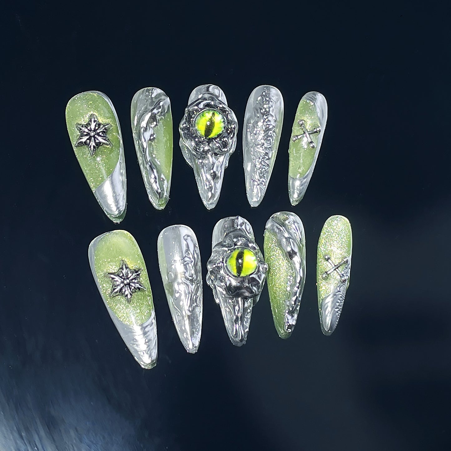 Explosão de estilo, ponta longa escura, unhas postiças feitas à mão, olho de goblin, remendo de unha longo de cor mágica de metal no atacado ｜ 365nails