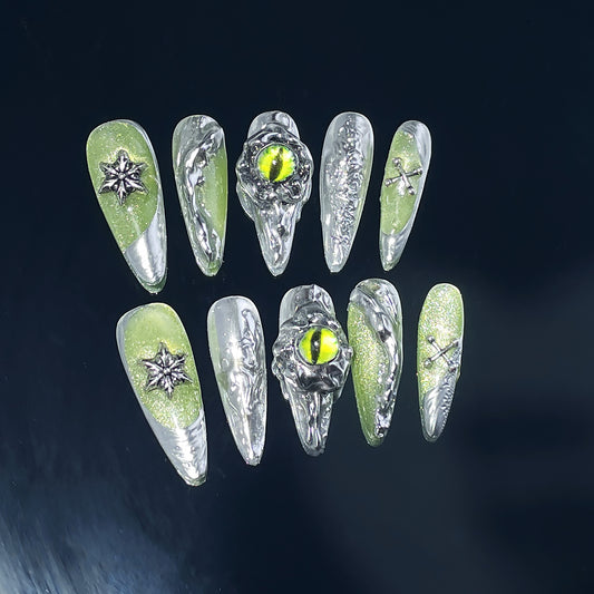 Explosão de estilo, ponta longa escura, unhas postiças feitas à mão, olho de goblin, remendo de unha longo de cor mágica de metal no atacado ｜ 365nails