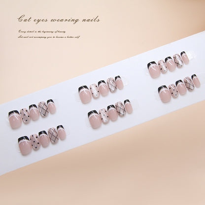 Nail Tips  Prefabricated Nail Black French Polka Dot Plaid cat eye Fashion White Versatile  Nail Patch｜365nails