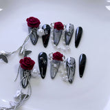 Gothic Press-On Nails with Dual-Color Roses and Silver Chrome Accents
