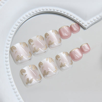 Uñas postizas extraíbles con diseño de ojo de gato tridimensional, diseño de flores doradas, color blanco suave francés, 24 piezas ｜365nails