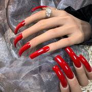 Glossy Red Curved Long Press On Nails