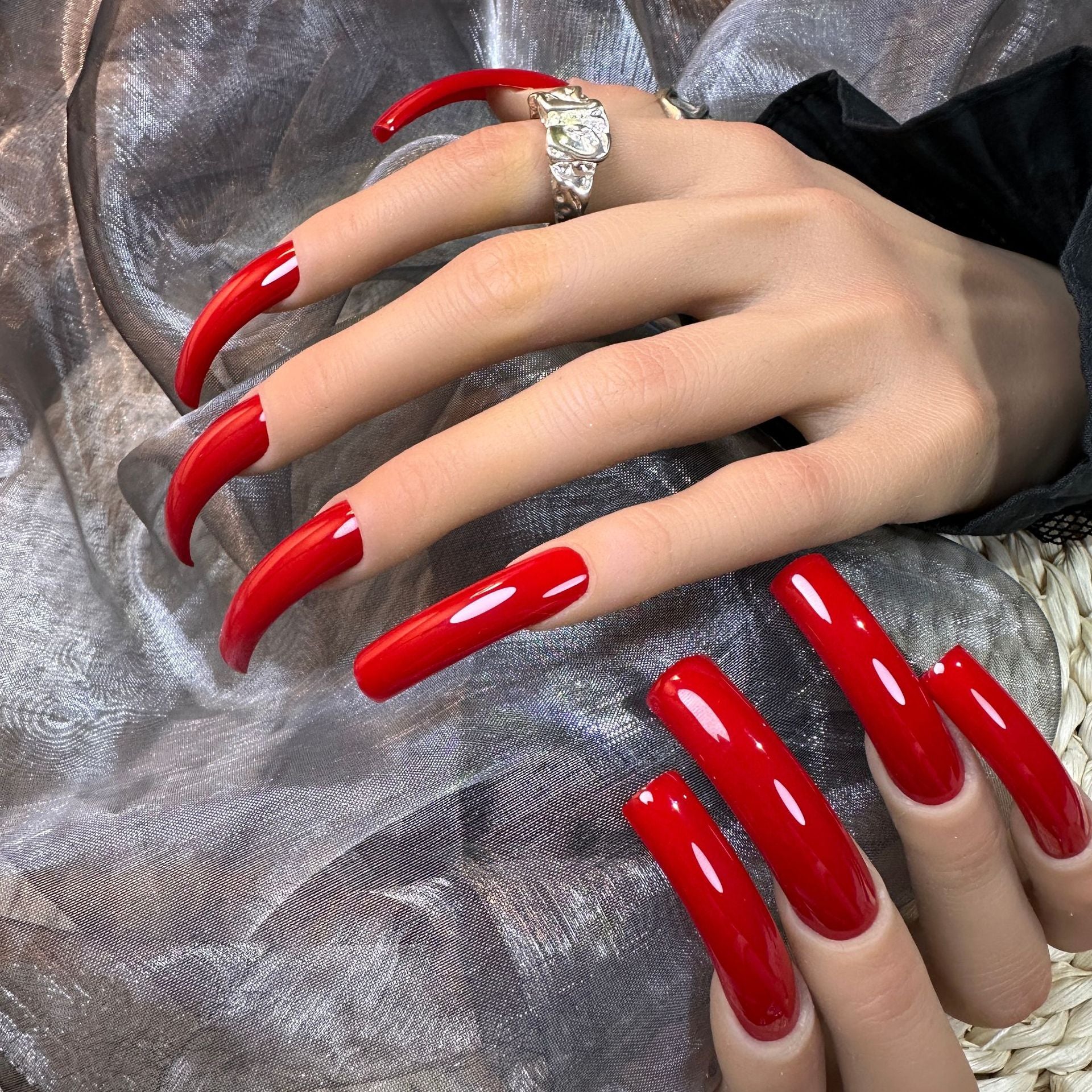 Glossy Red Curved Long Press On Nails