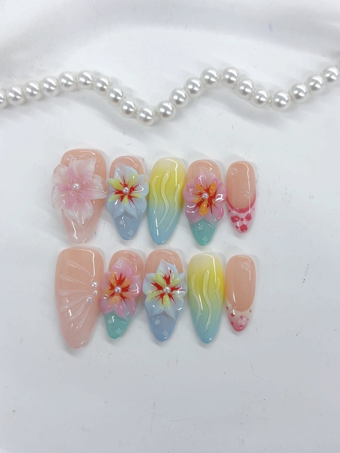 Tropical Bloom: "Gradient Floral" – Almond Press-On Nails