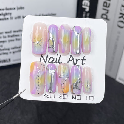 Tecnologia Futura Metal Spice Girl Dream Colorido Feito à Mão Unhas Pressionadas Médias e Longas Patch de Unhas ｜365nails