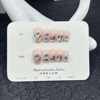 Summer fresh moonlight blue bright diamond short manicure patch detachable fake nails pure handmade press-on nails wholesale｜365nails
