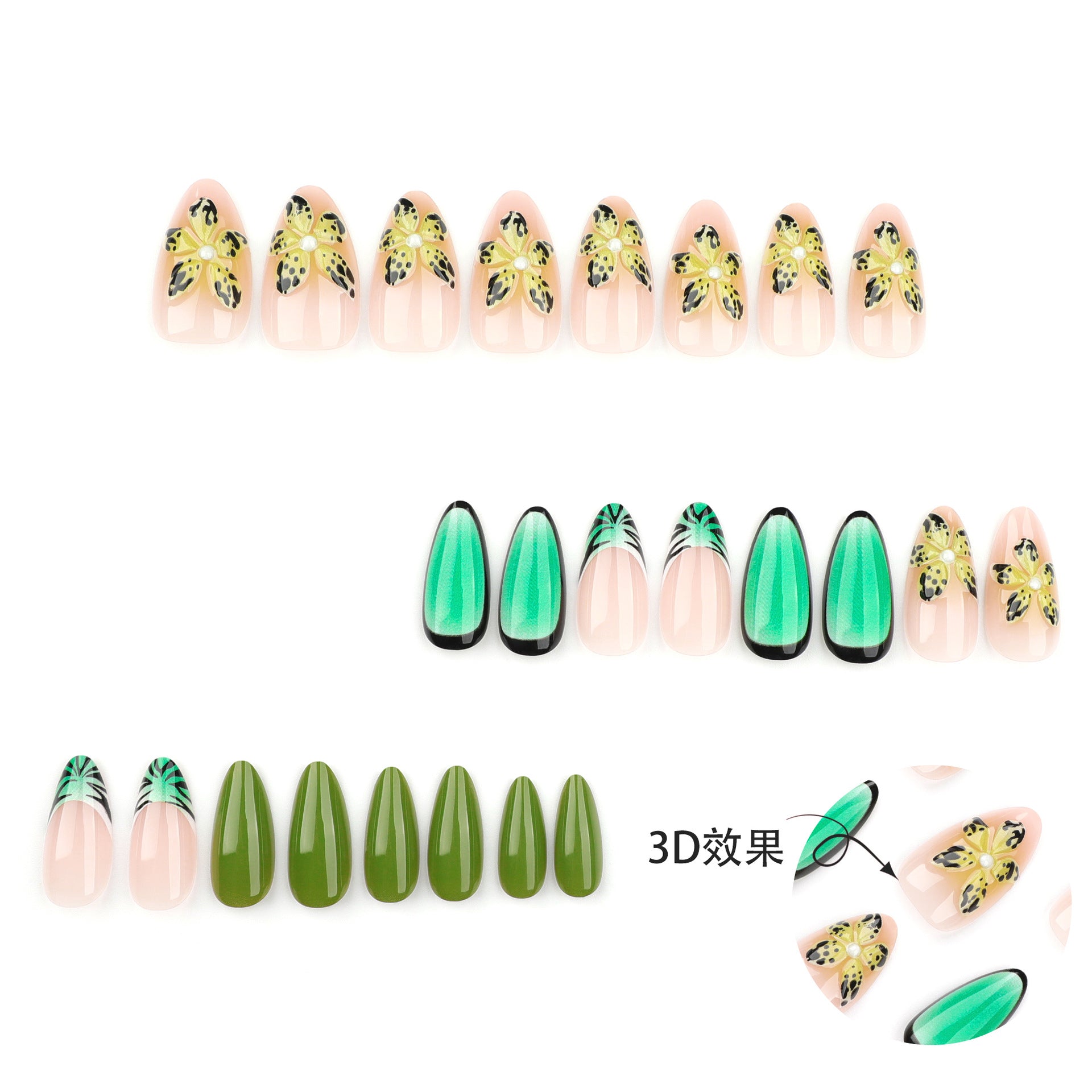 夏日風格 杏仁形 法式穿戴甲 3D 熱帶花卉 可拆卸成品 批發