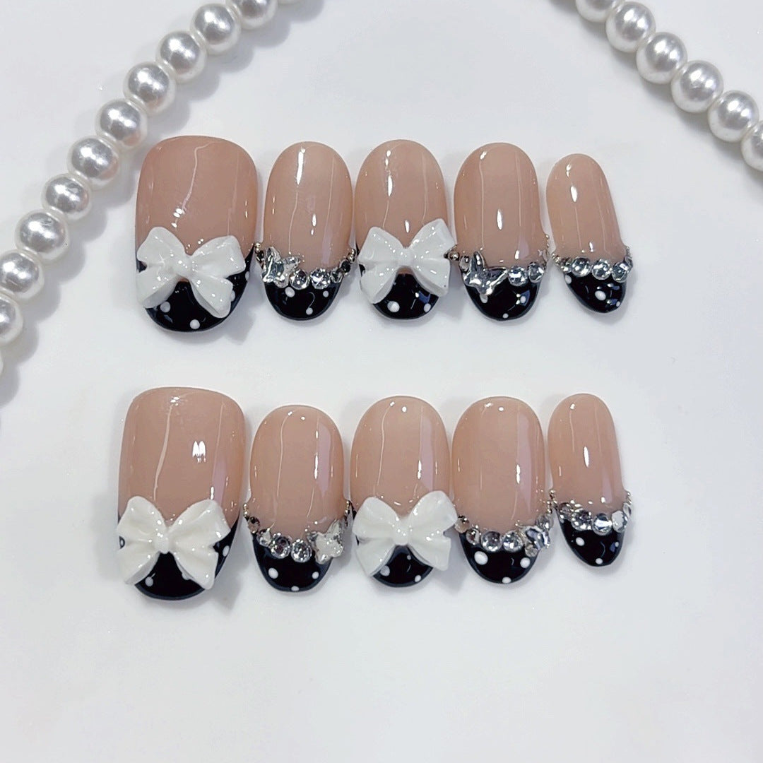 Bow & Pearl: "Black French Bow" – Square Shape Handmade Press-On Nails