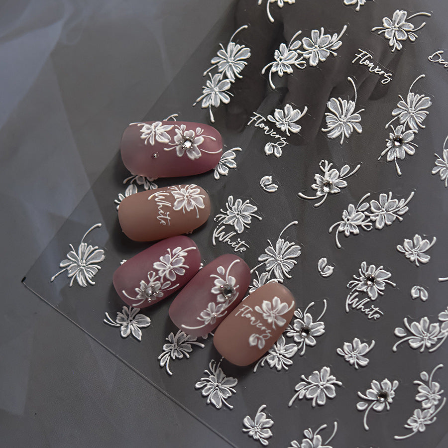 White Floral Crystal-Diamond: "Ethereal White Floral" – 5D Embossed Nail Sticker