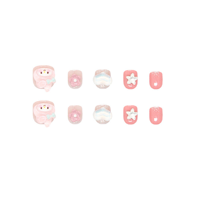 Gentle childlike girl pink rabbit flower love stars cute playful ins kids nails｜365nails