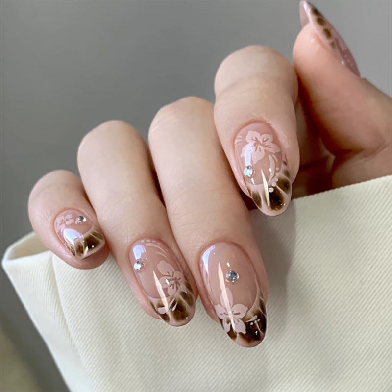 French Brown Cracked Short Almond Pink Flowers press-on nails