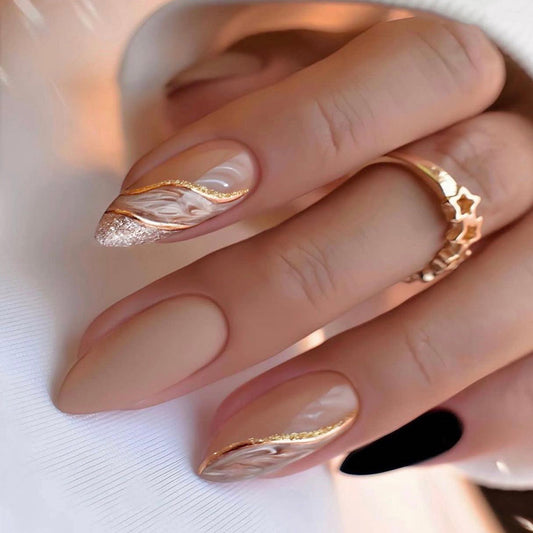 Gold curve smudge press on nails silver glitter autumn and winter fake nail patch solid color feel matte nail piece｜365nails