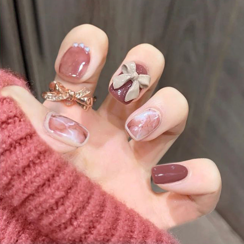 Pièce d'ongle press-on rouge court, nœud perle, effet smudge, vente en gros, pièce d'ongle amovible｜365nails