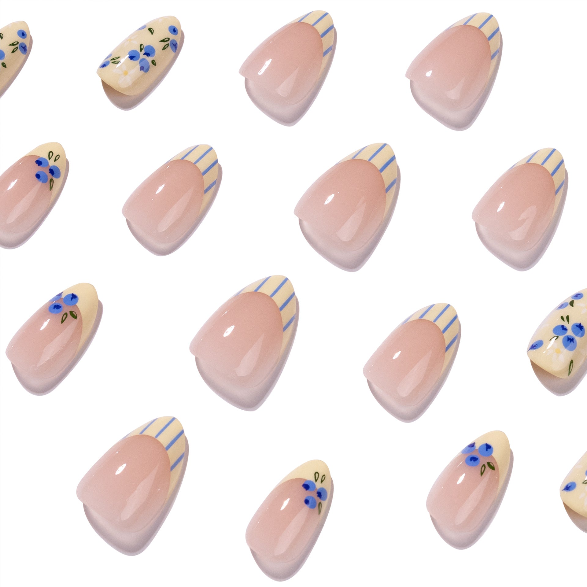365nails: "Blueberry Floral Stripe Oval" – French Tip Press-on Nails