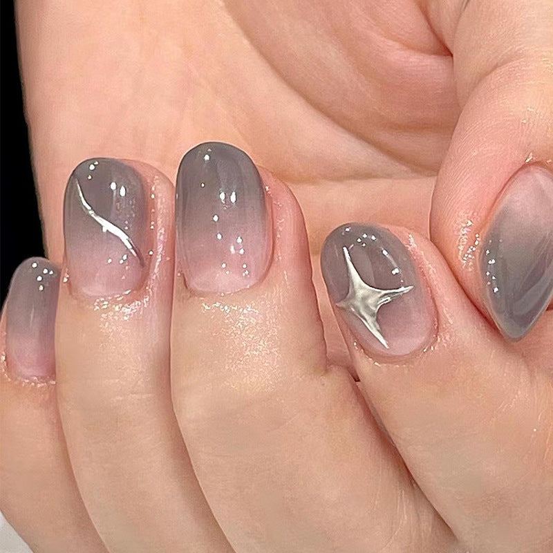 Arte de unhas de pressão finalizada em atacado, pó nu através de mudança gradual de cinza, estrela, manicure, patch, unhas de pressão, peça curta de unhas postiças｜365nails