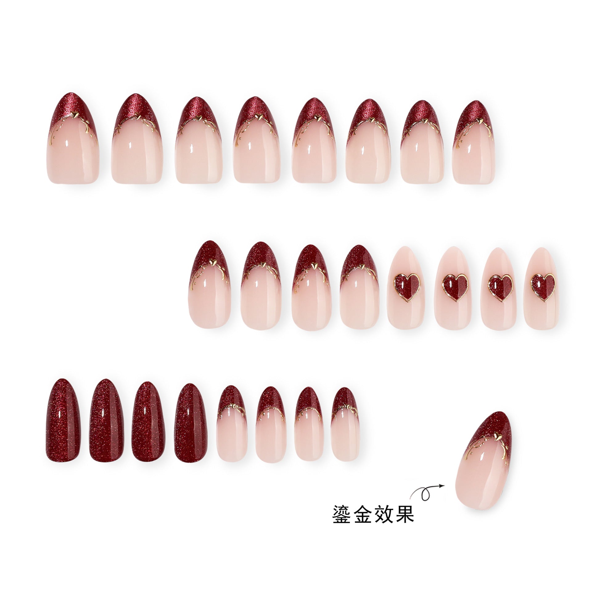 Lefan French Red Wear-On Nails, Red Heart-Shaped Fake Nail Tips, Cross-border Hot Sale 3D Nail Tips Wholesale