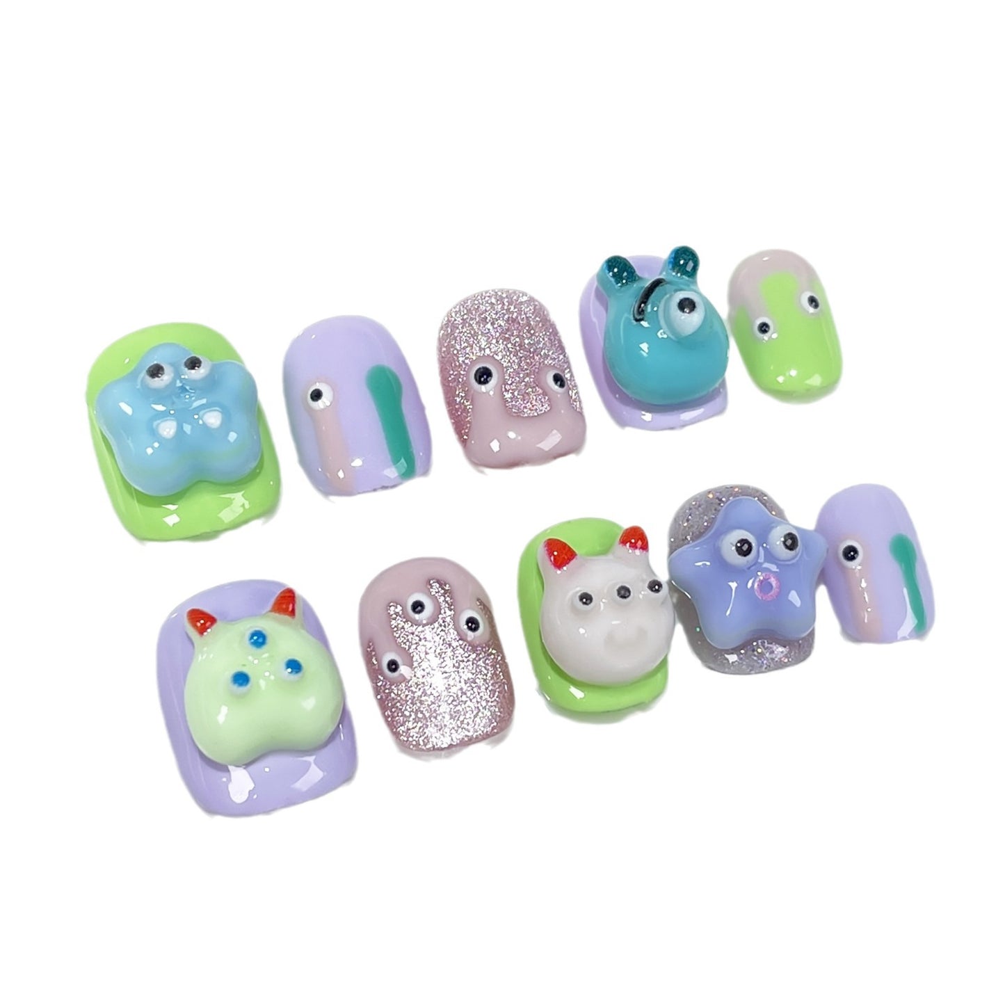 Cartoon hand-painted handmade press-on nails cute three-dimensional big-eyed boy cat eye short  sticker｜365nails