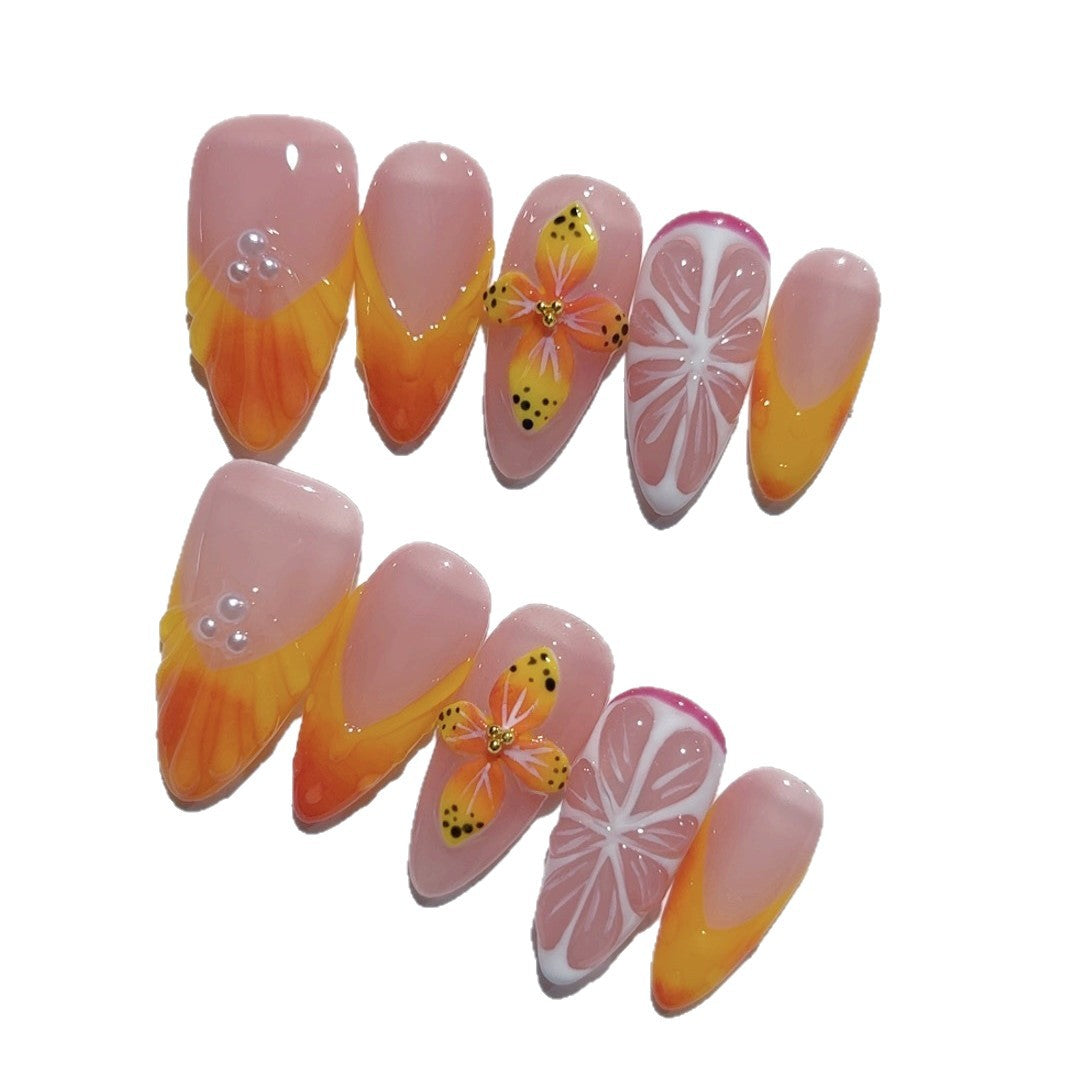 Tropical Citrus: "Sunset Citrus Bloom" – Medium Almond Nude & Orange Gradient Handmade Press-On