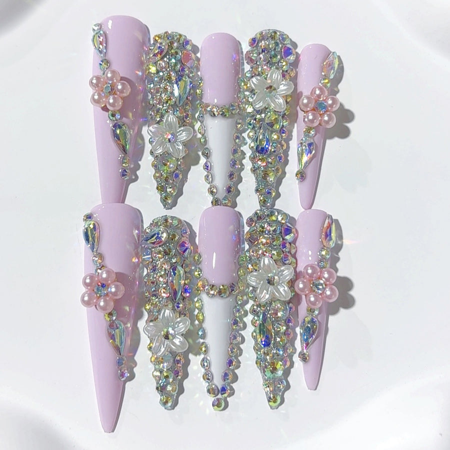 Soft Floral Crystal Extra Long Press On Nails