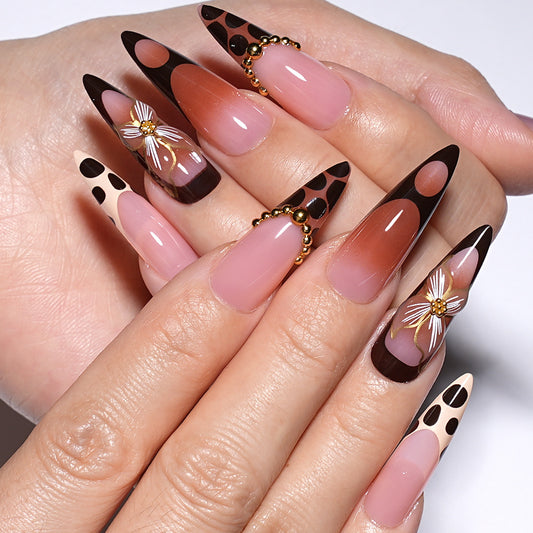 Hot-selling  press on nails sweet and cool flower leopard print removable almond-shaped long finished fake nail wholesale