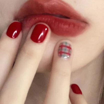 Simple solid color press on nails plaid nail art fake nail short  ins press on nails piece finished product wholesale｜365nails
