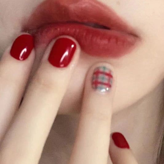 Simple solid color press on nails plaid nail art fake nail short  ins press on nails piece finished product wholesale｜365nails